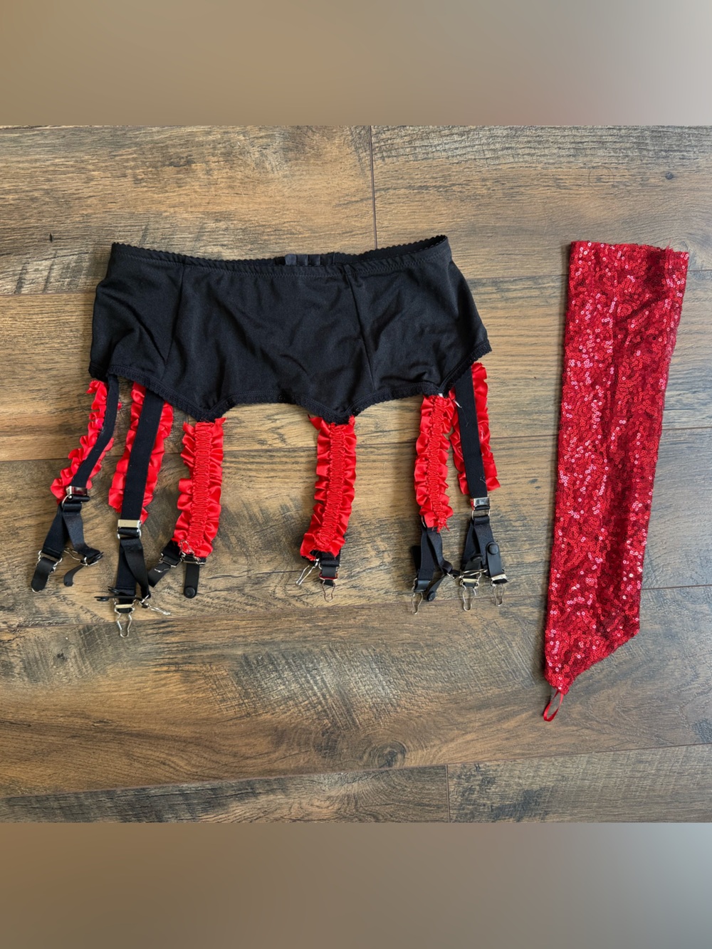 Rocky Horror CustomRed and Black Garter Costume Set With Sequin Red Arm Accesory